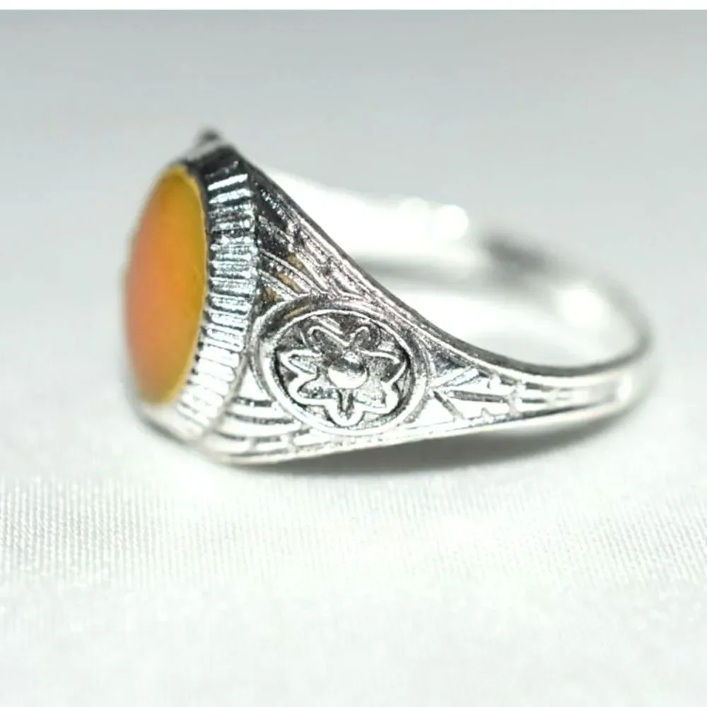 NWOT Oval Orange Flat Stone Etched Floral Silver Tone Sizes 9,10,11 & 12 Rings